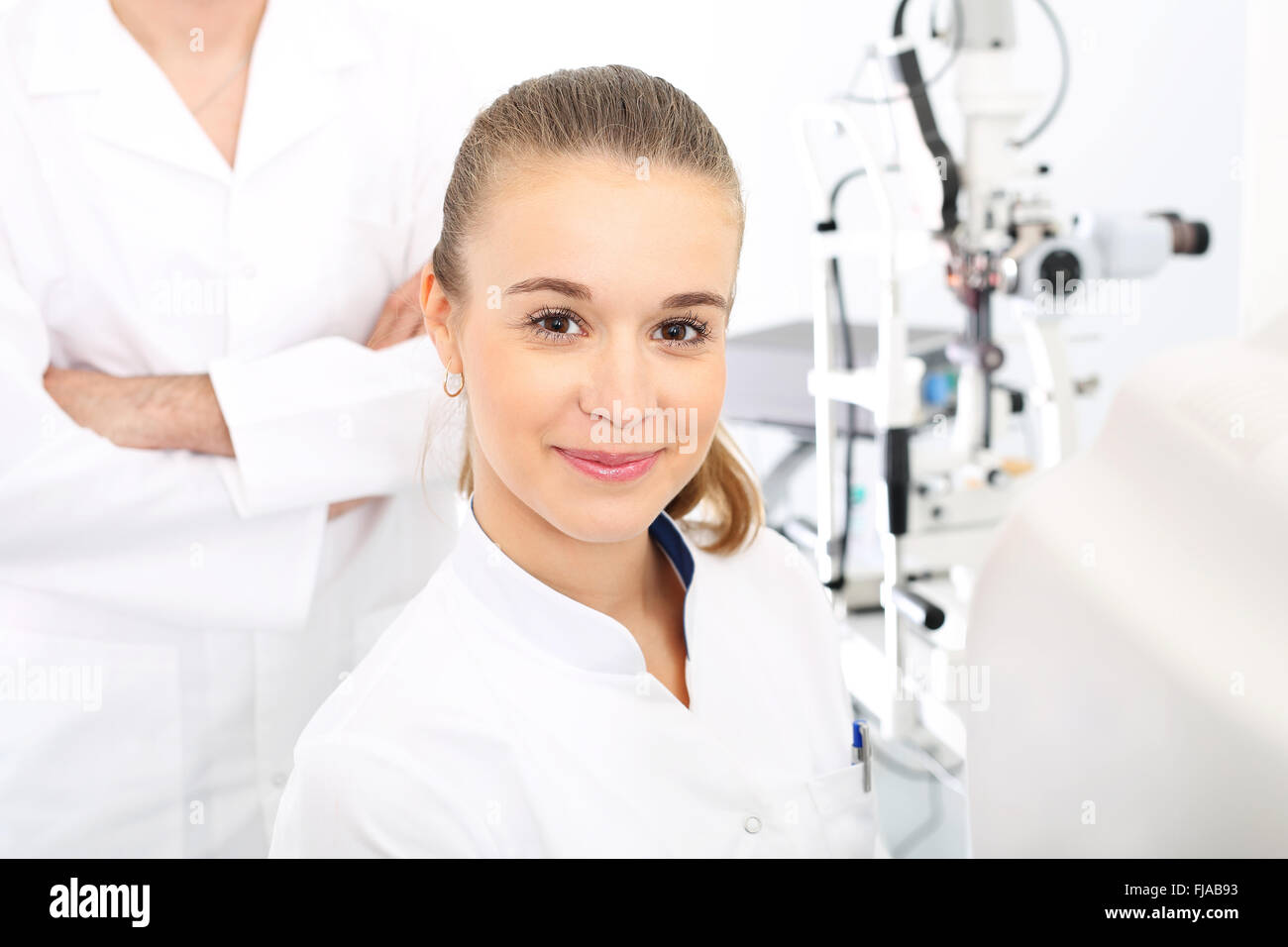 Hospital department of ophthalmology. Ophthalmology, eye doctors office. Young attractive doctor