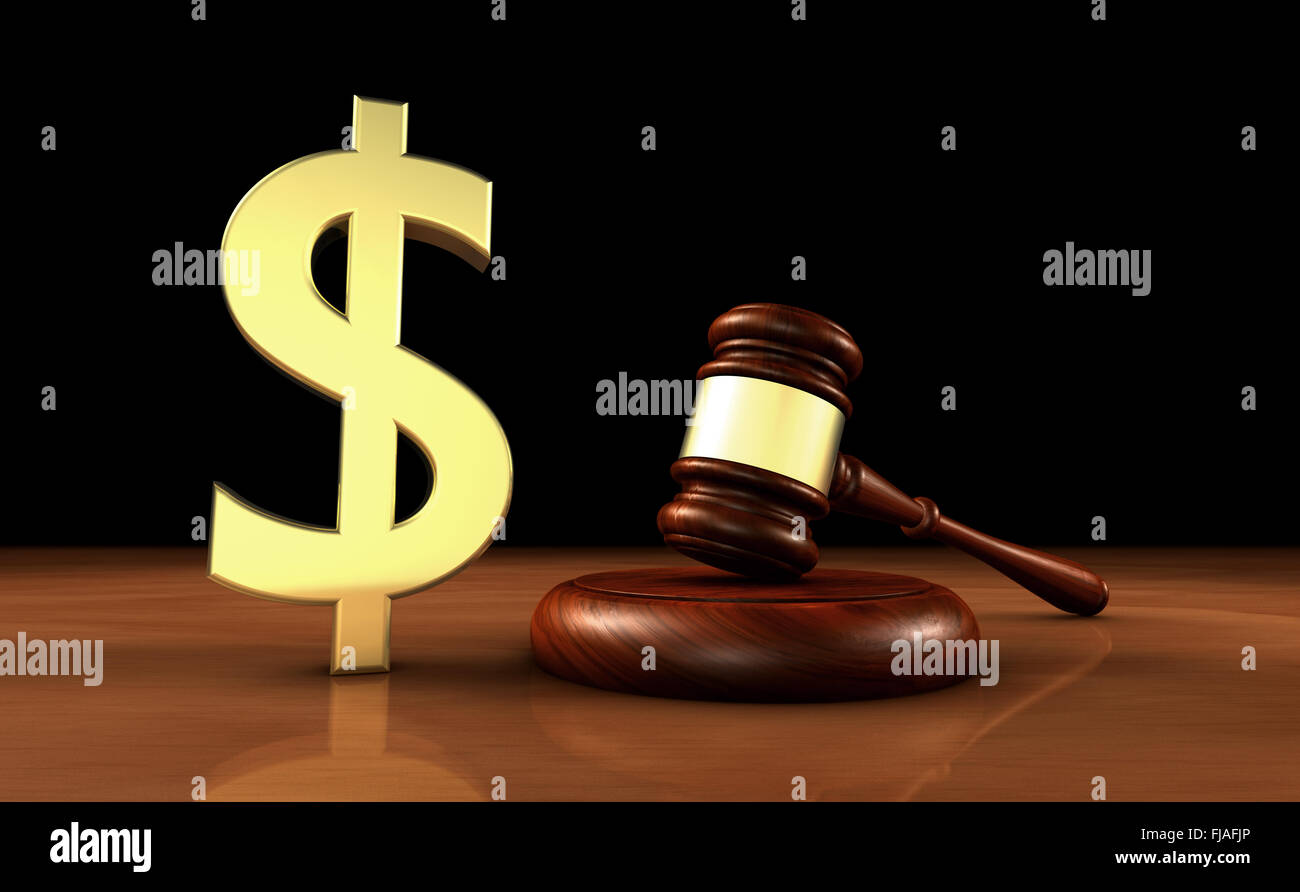 Law, lawyer and money with dollar icon and symbol and a judge gavel on a wooden desktop cost of justice concept. Stock Photo