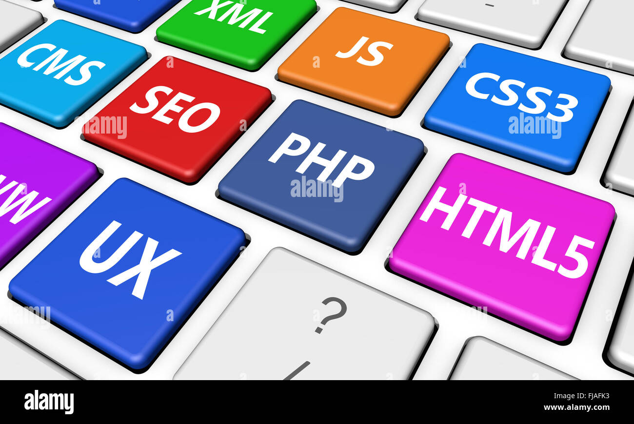 Web design, Internet and SEO development concept with programming language sign on colorful computer keyboard buttons. Stock Photo