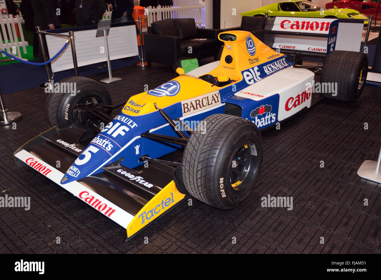 Thierry Boutse's  Williams FW13B-08 Formula One race car from the 1990 season, on static display at the London Classic Car Show 2016 Stock Photo