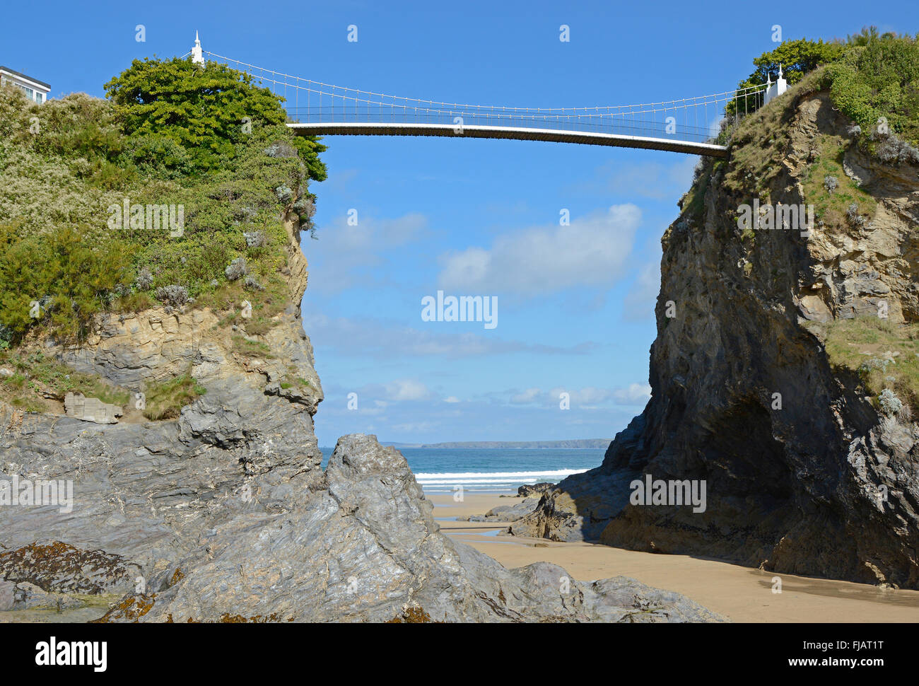 Bridge to island on Fistral beach in Newquay, Cornwall, England Stock Photo