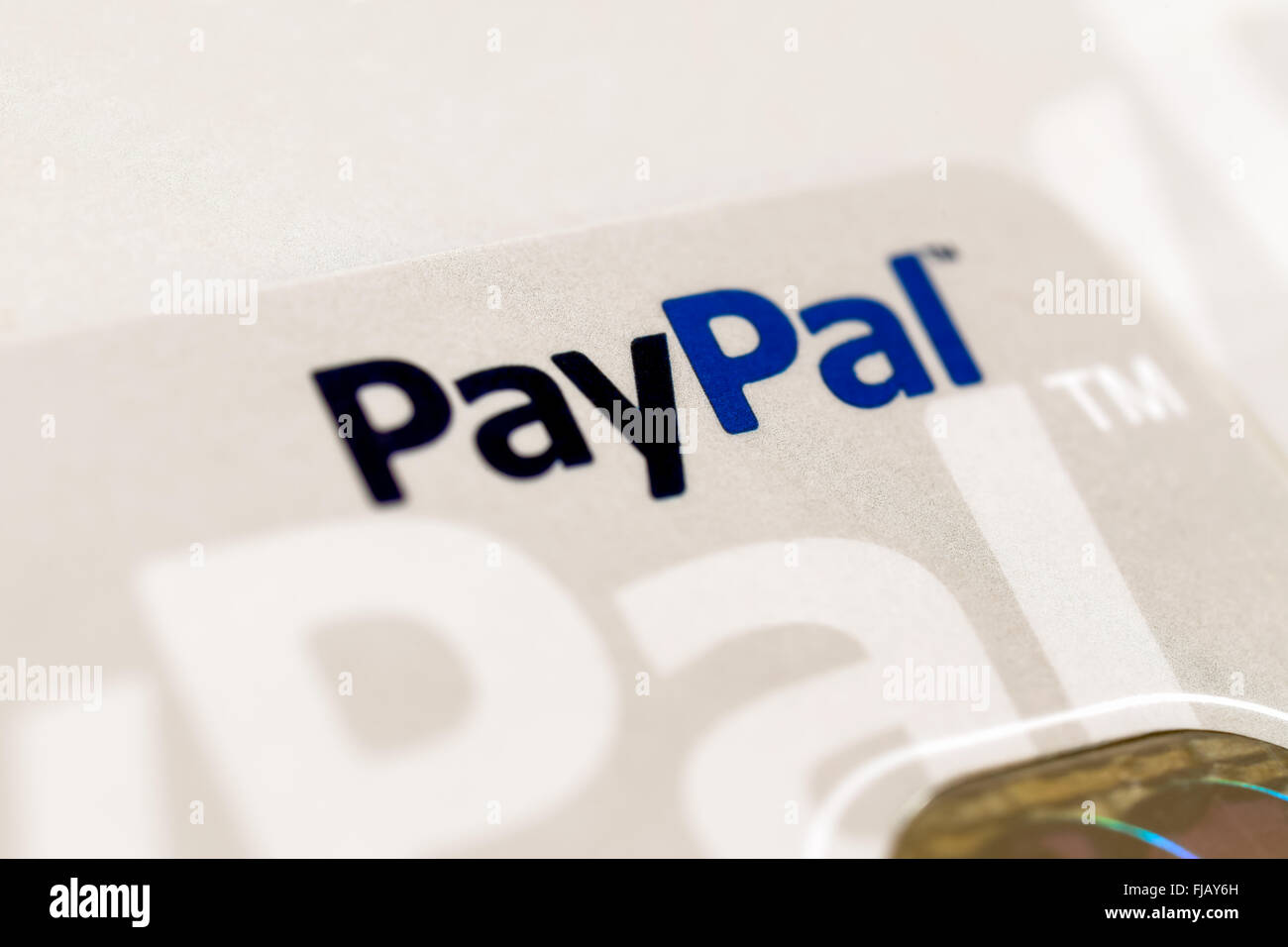 Paypal logo on a credit card. Paypal is a popular commerce platform for  accepting and sending money. Stock Photo