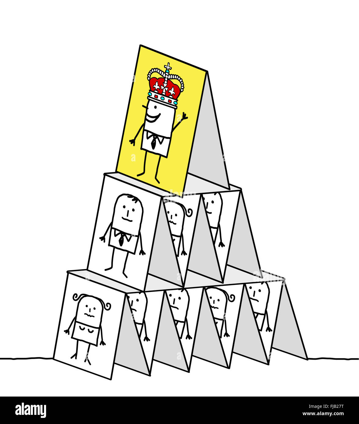 hand drawn cartoon characters - powerful king & cards pyramid Stock Photo