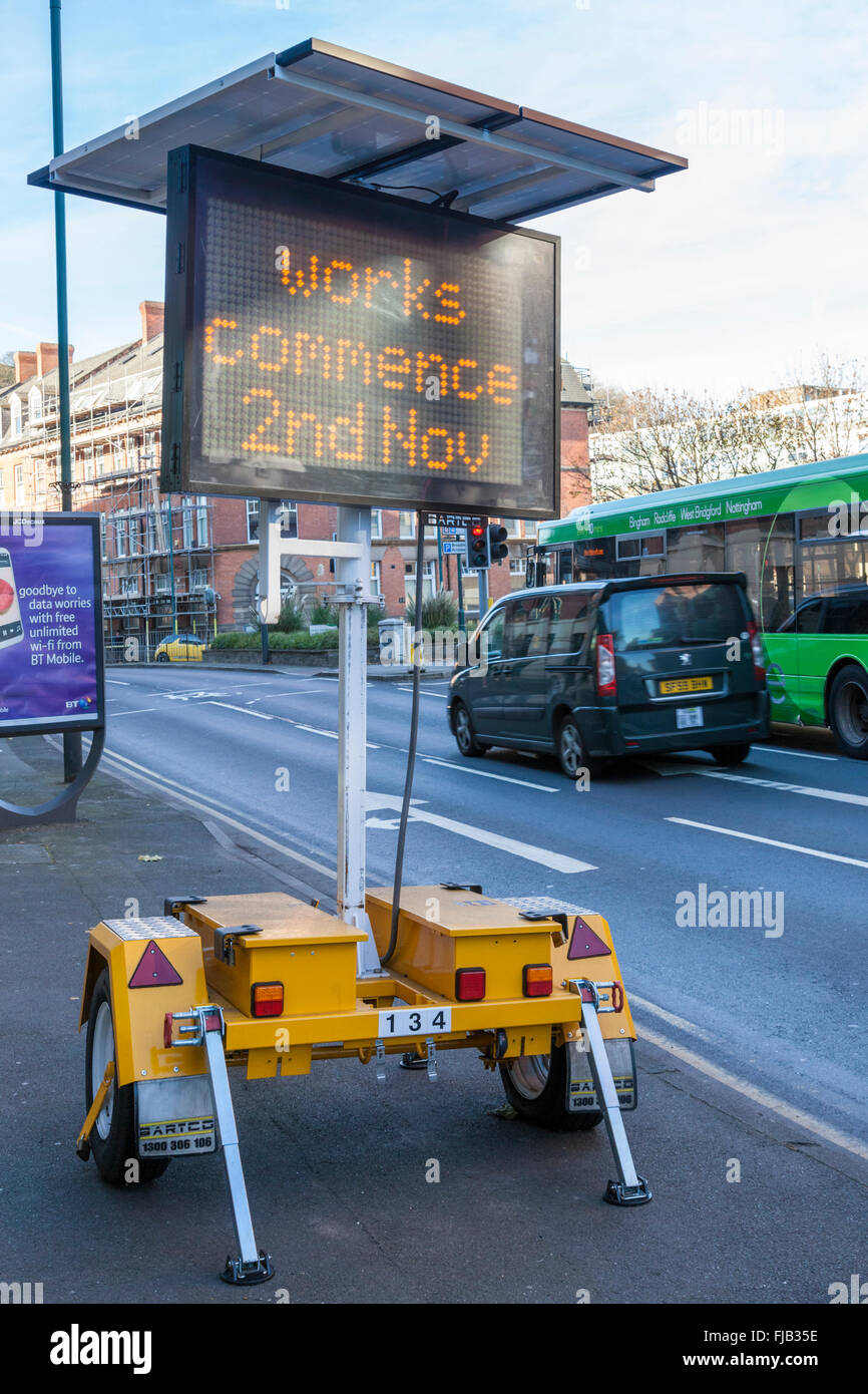 Electronic traffic signs. A solar power mobile matrix road sign, Nottingham, England, UK Stock Photo