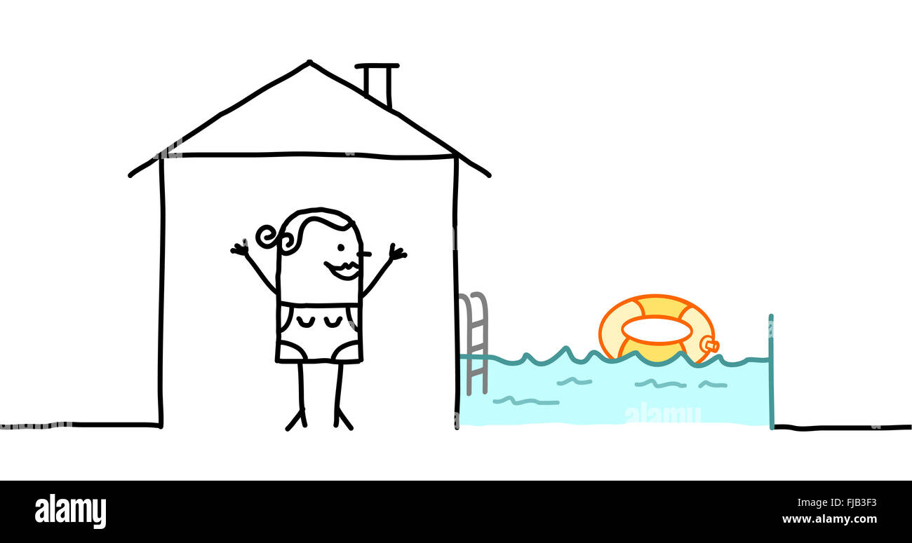 hand drawn cartoon characters woman house with swimming pool