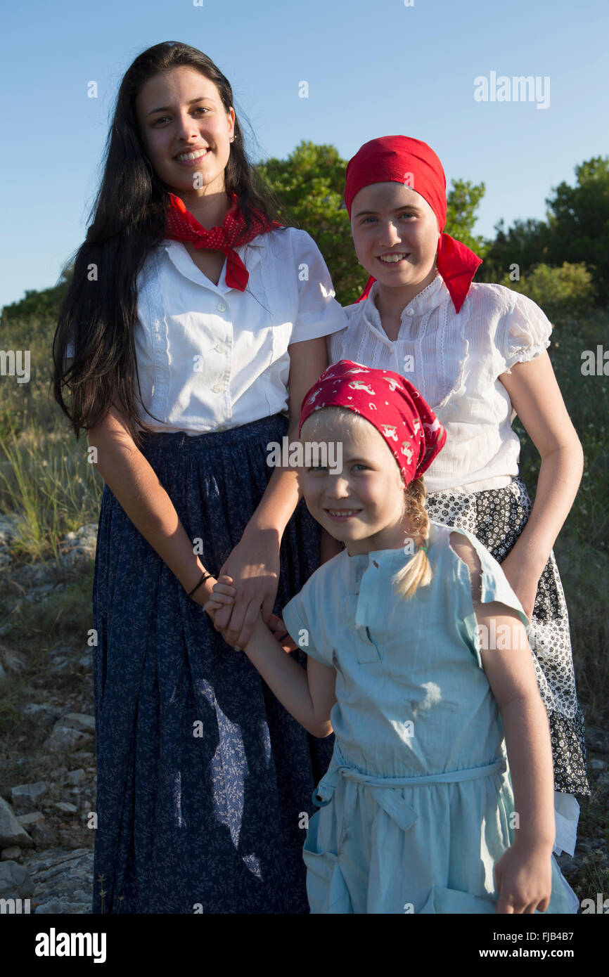 Europe, Croatia, Dalmatia, Korcula Island, Blato, sisters in traditional dress Stock Photo