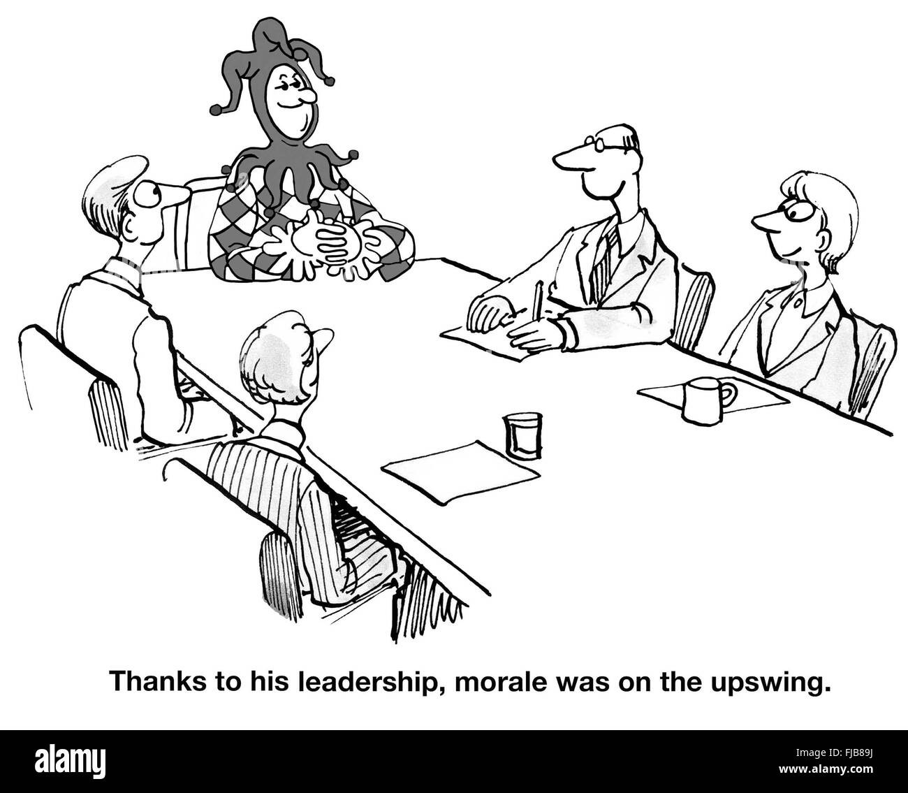 Business cartoon about an improvement in morale at the company. Stock Photo