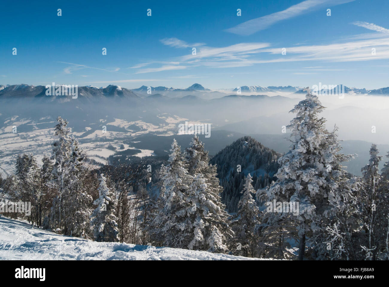 View from the Brauneck ski resort on the alpine panorama of the snow covered mountains, Bavaria, Germany Stock Photo