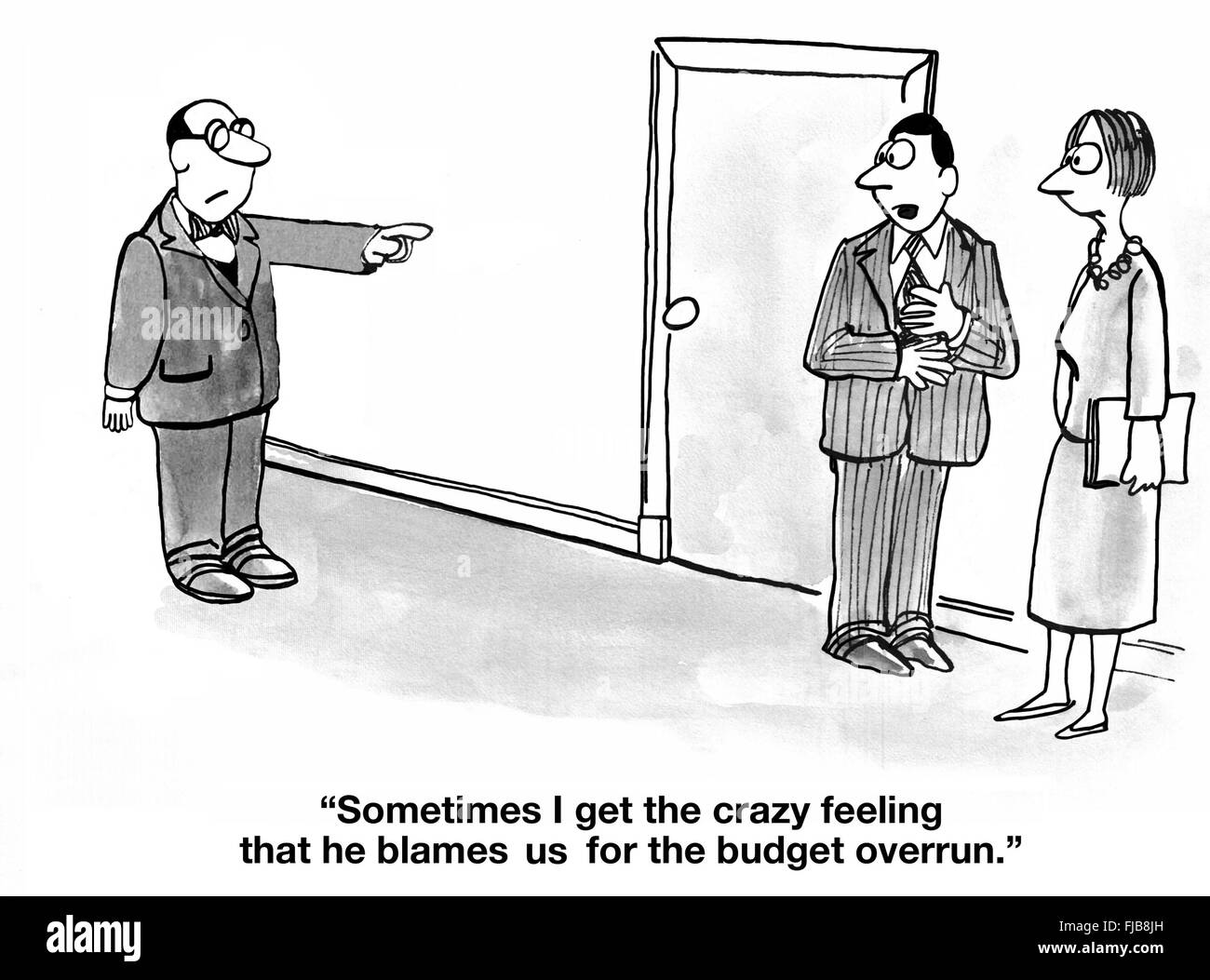 Business cartoon about blaming a team for a budget overrun. Stock Photo