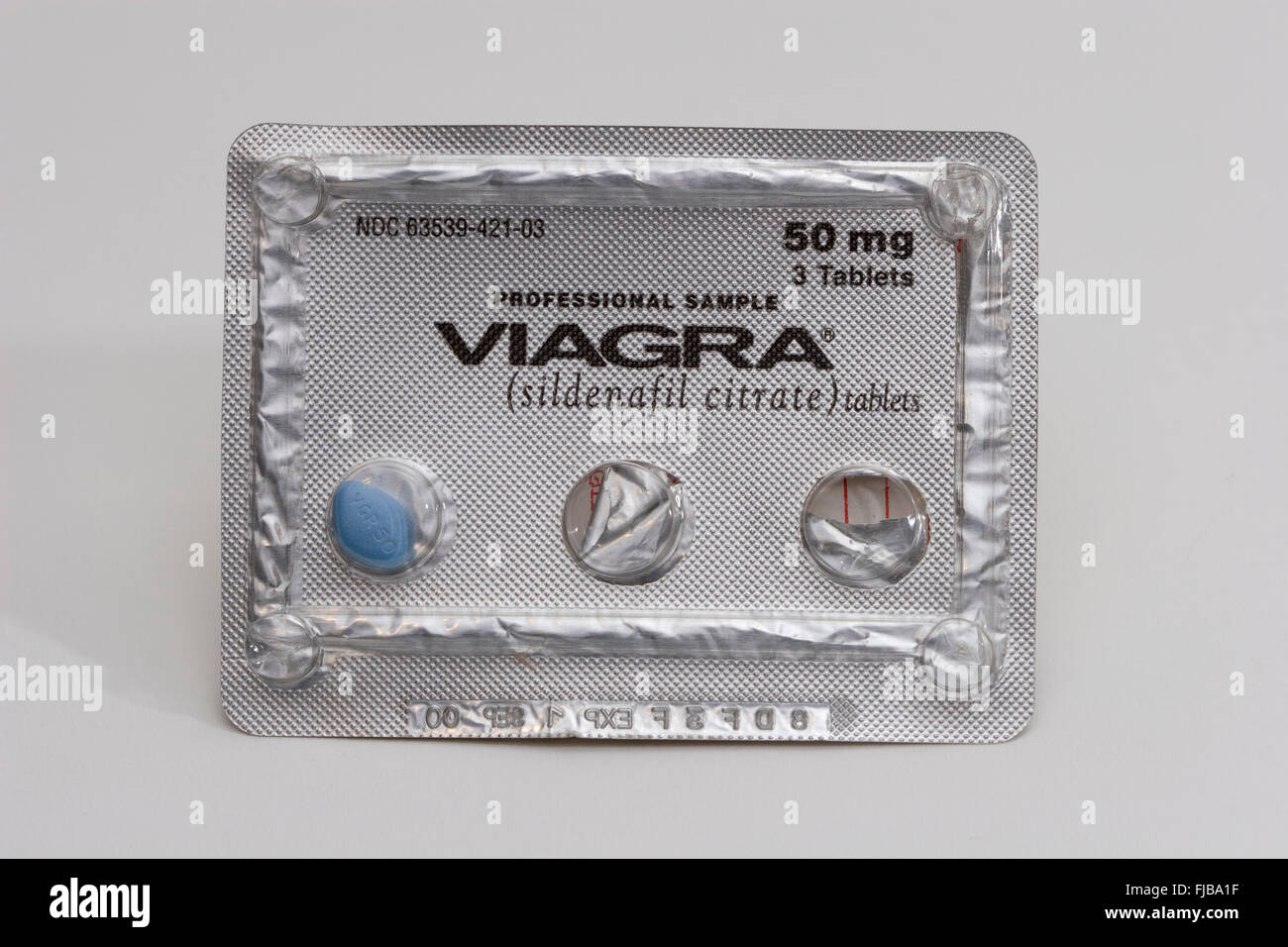 Sample 3 pack of viagra, two tablets missing. Stock Photo