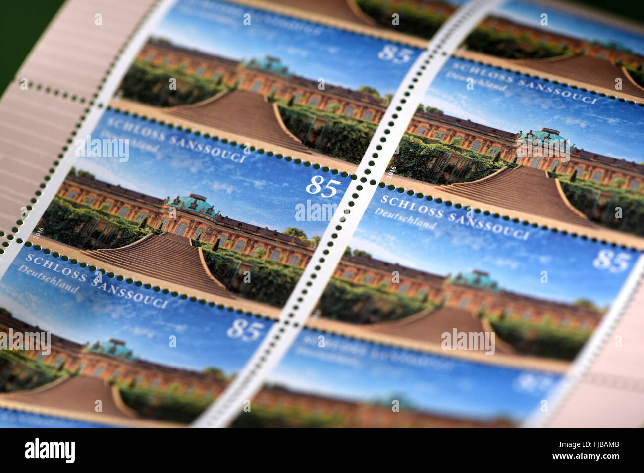 Potsdam, Germany. 1st Mar, 2016. New postage stamps, pictured in Potsdam, Germany, 1 March 2016. The summer residence of Friedrich II (1712-1786) is featured on the special edition 85-cent stamp, by designer Nicole Elsenbach. PHOTO: RALF HIRSCHBERGER/DPA/Alamy Live News Stock Photo