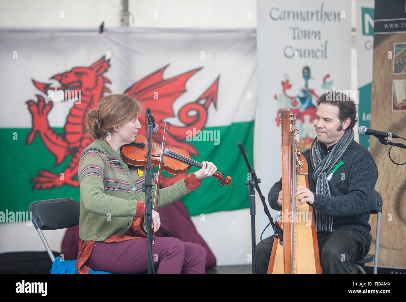 Playing Welsh harp on stage at Guildhall Square for a Saint David's Day