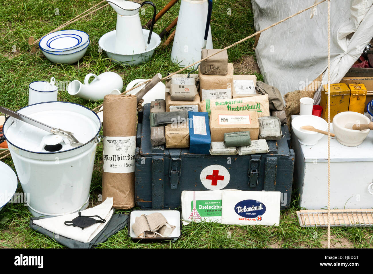 War and peace show. England. WW2 reenactment. Collection of various German medical supplies
