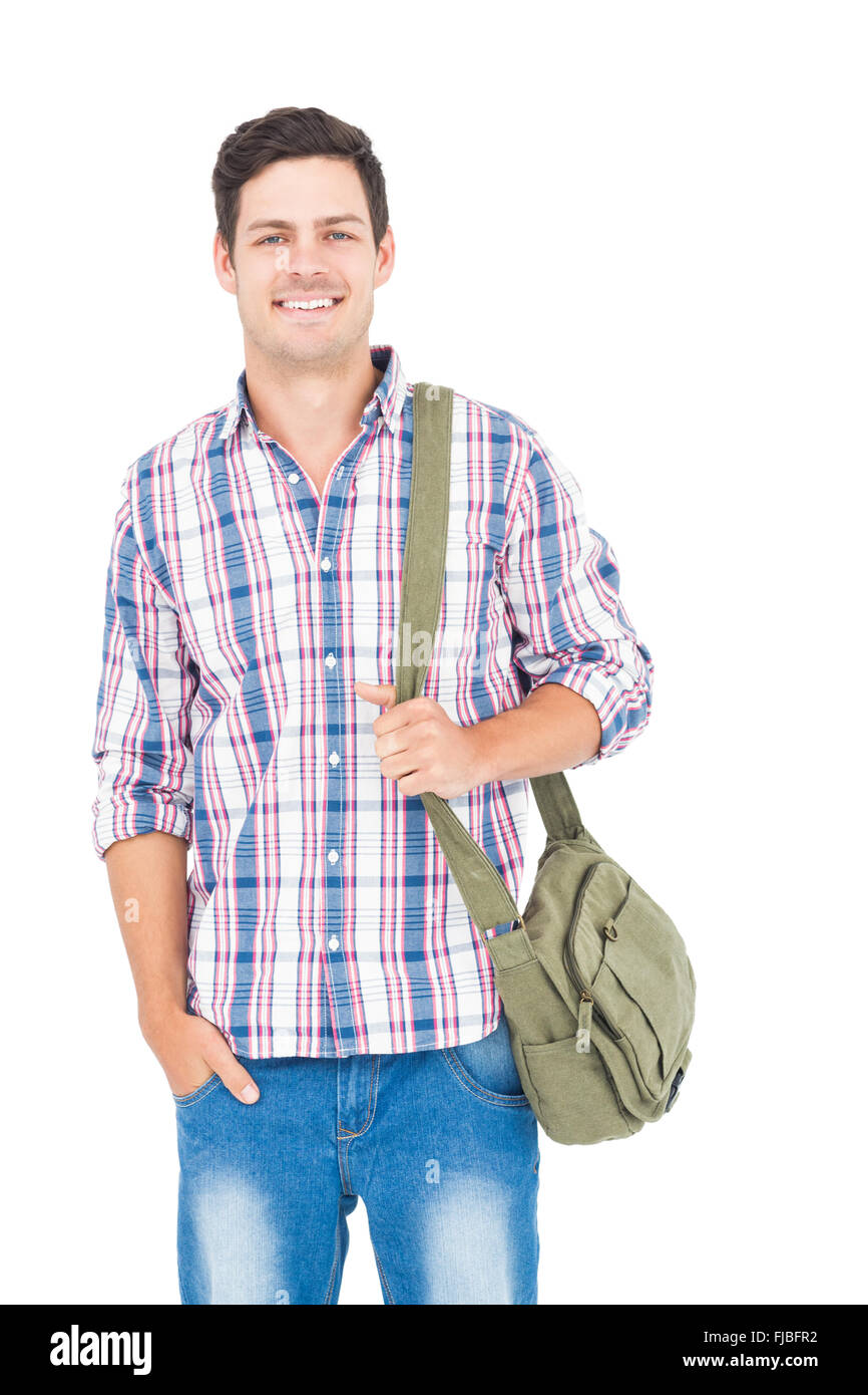 Portrait of smiling male student with a school bag Stock Photo - Alamy