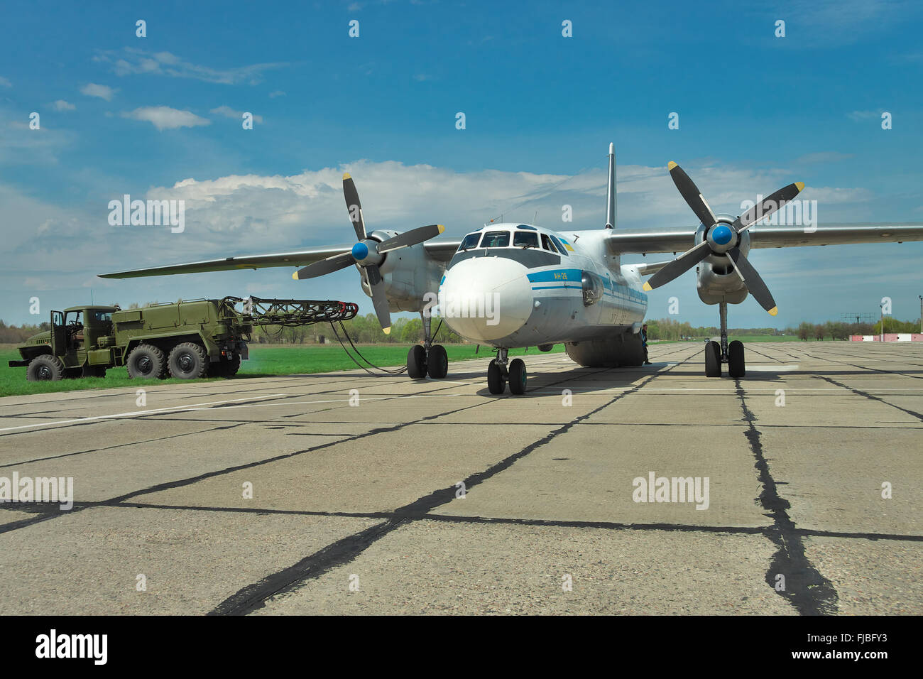 Vasilkov, Ukraine - April 24, 2012: Ukrainian Air Force An-26 cargo plane being prepared for the