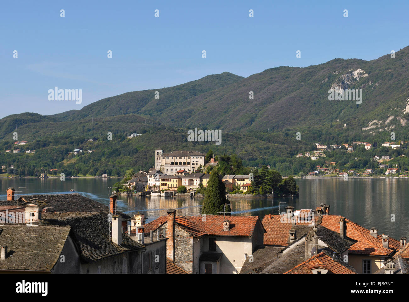 houses in Orta San Giulio and San Giulio Island in the background, Orta