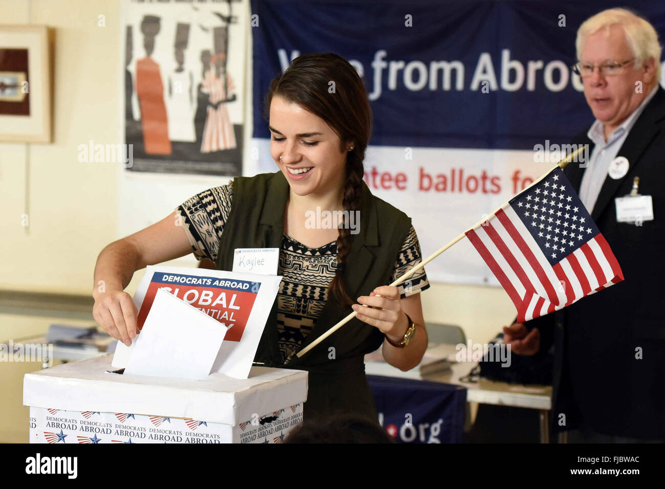 Edinburgh, Scotland, 1st March, 2016. As 'Super Tuesday' gets under way in the American presidential primary race, Kaylee Kosareff from Idaho, a student at Edinburgh University, casts her vote at a polling station in Edinburgh in the global presidential primary organised by Democrats abroad Credit:  Ken Jack / Alamy Live News Stock Photo