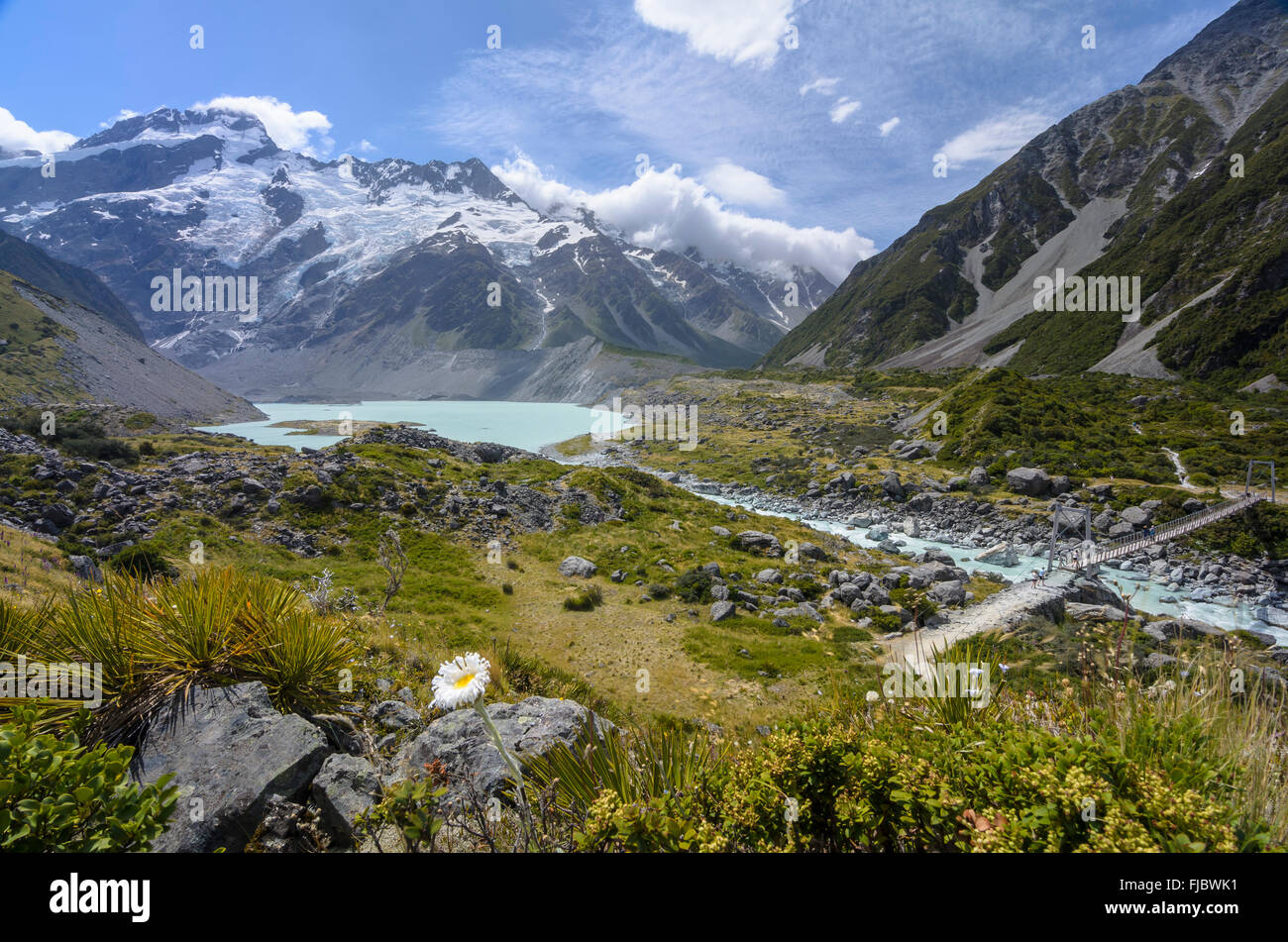 Mueller Lake and Hooker River Bridge with Mount Sefton, Hooker Valley, Mount Cook National Park, South Island, New Zealand Stock Photo