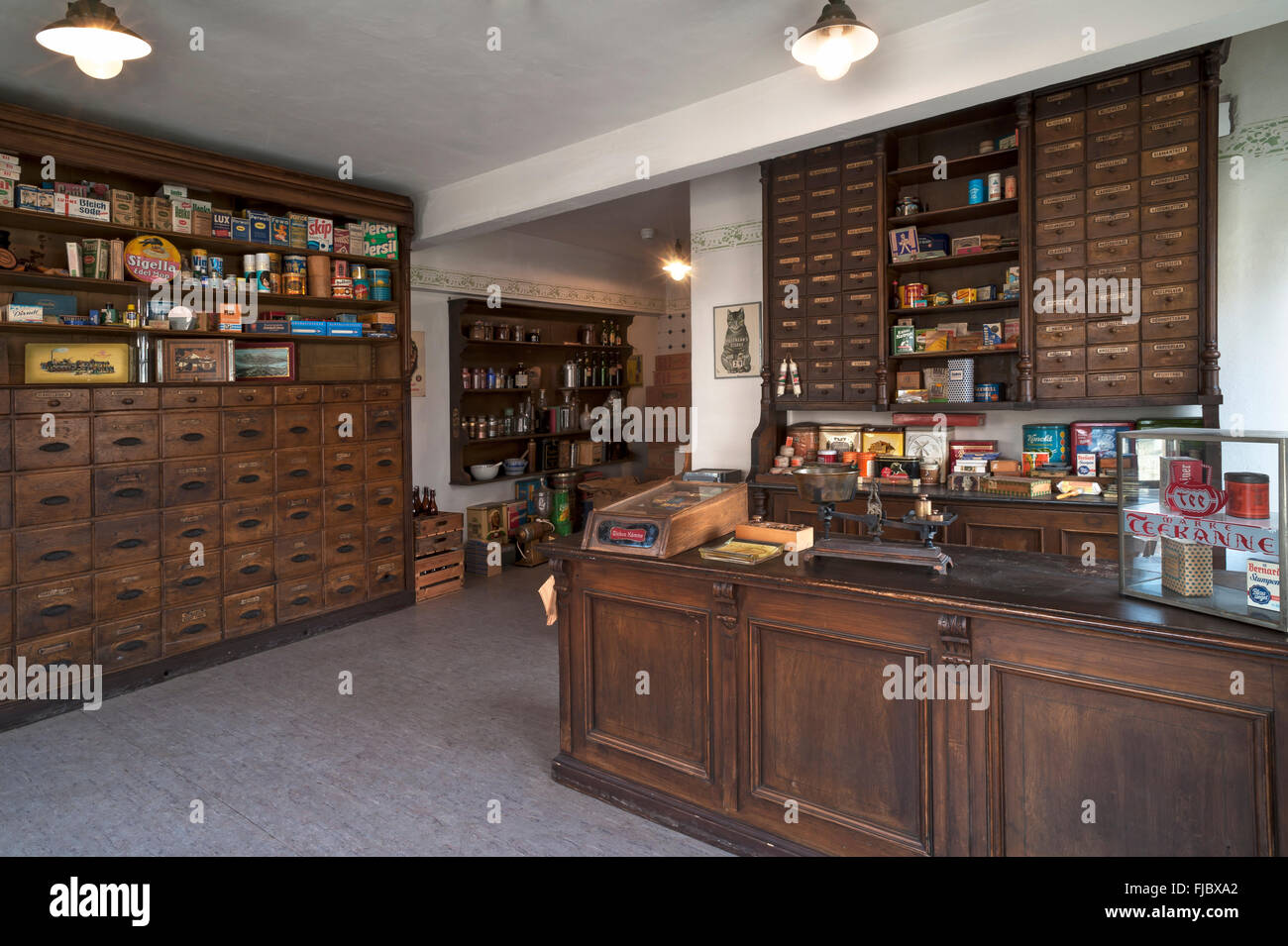 Ancient Thuringian drug store interior of 1898, having been a corner