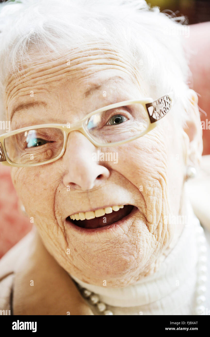 Senior suffering from dementia, portrait, laughing, surprised, North Rhine-Westphalia, Germany Stock Photo