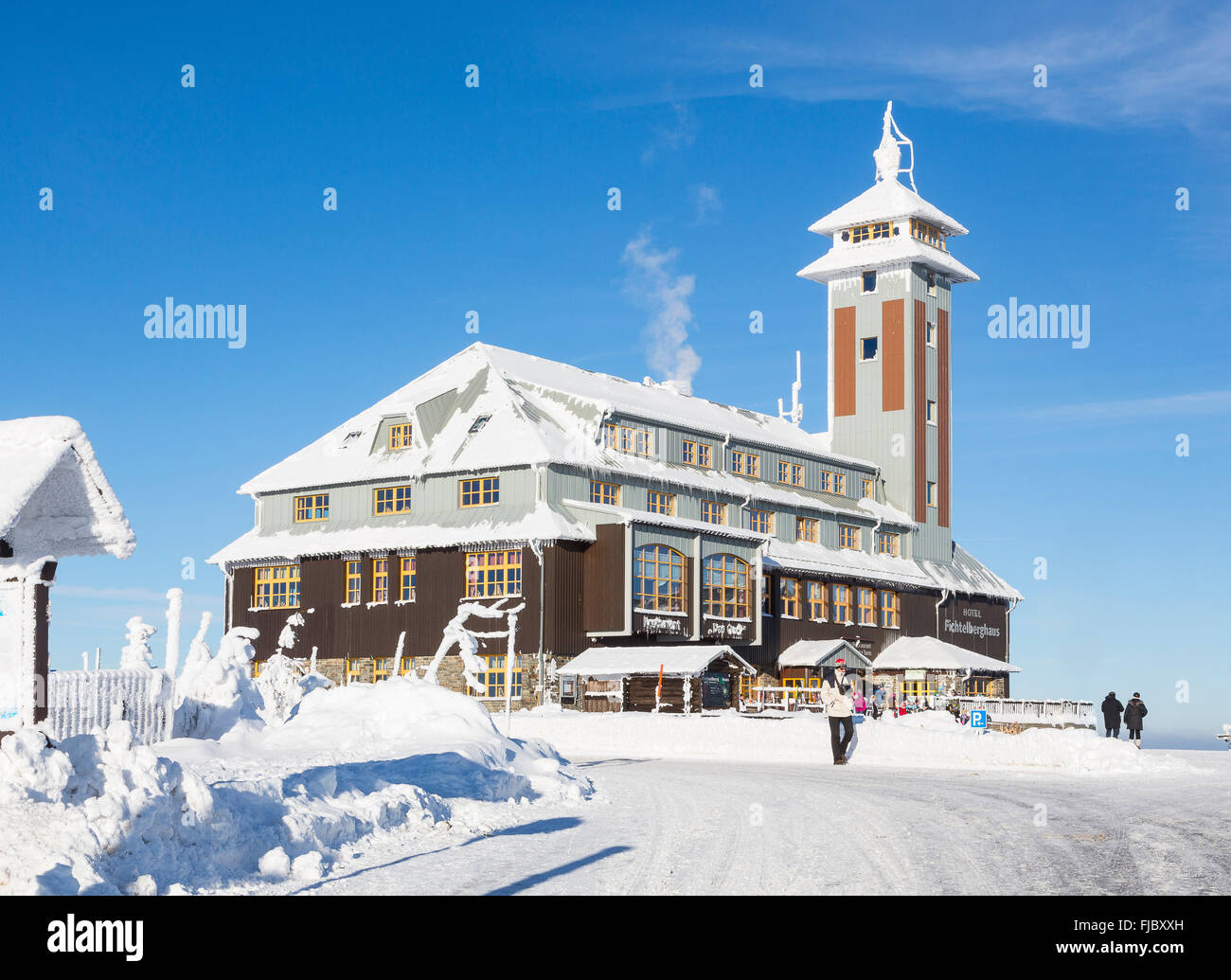 Fichtelberghaus on the summit of Fichtelberg with snow in winter, Oberwiesenthal health resort, Ore Mountains, Saxony, Germany Stock Photo