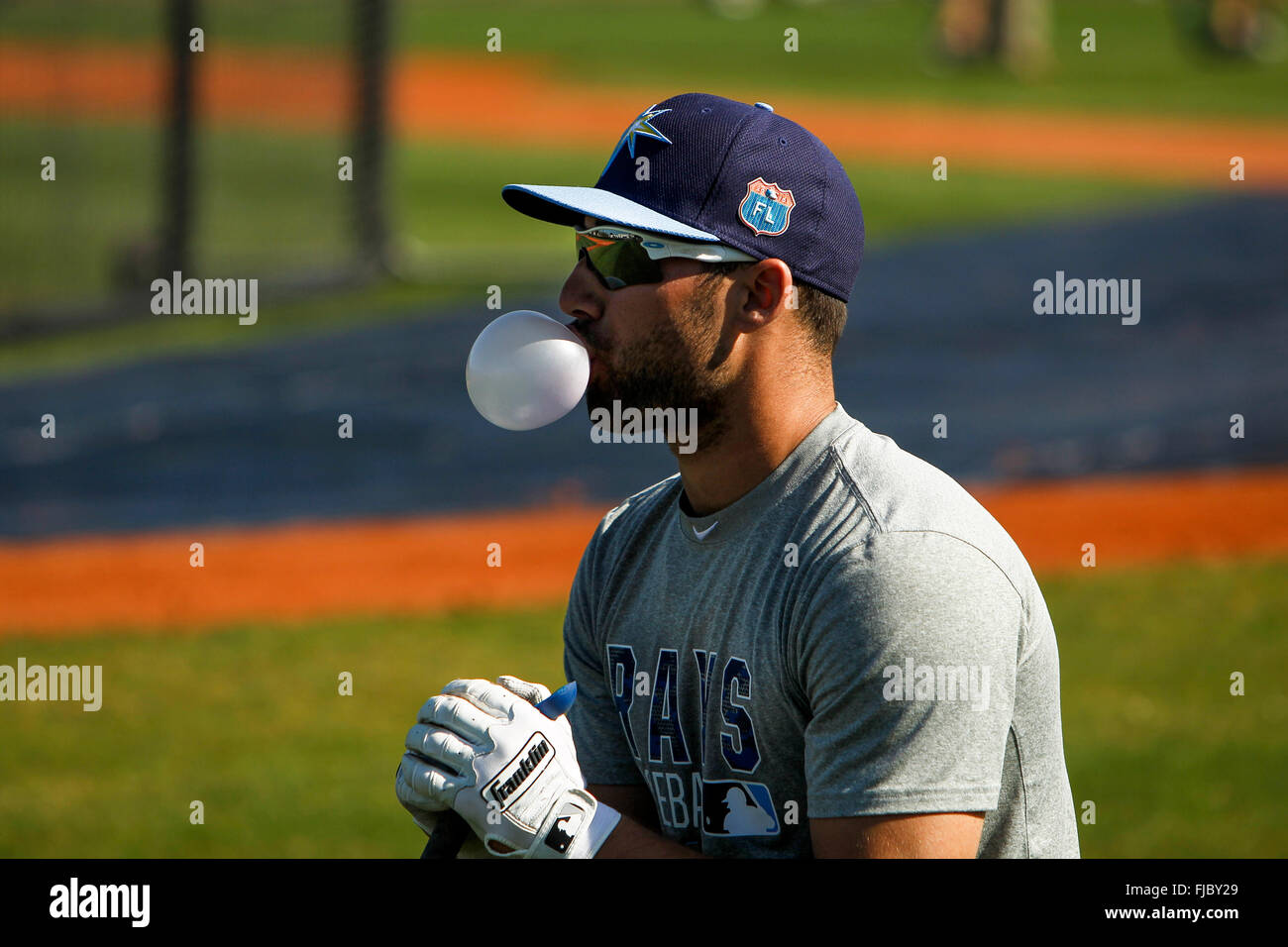 Port Charlotte, Florida, USA. 1st Mar, 2016. WILL VRAGOVIC | Times.Tampa Bay Rays center fielder Kevin Kiermaier (39) blows a bubble while waiting for his turn in the batting cage during Rays Spring Training at Charlotte Sports Park in Port Charlotte, Fla. on Tuesday, March 1, 2016. © Will Vragovic/Tampa Bay Times/ZUMA Wire/Alamy Live News Stock Photo