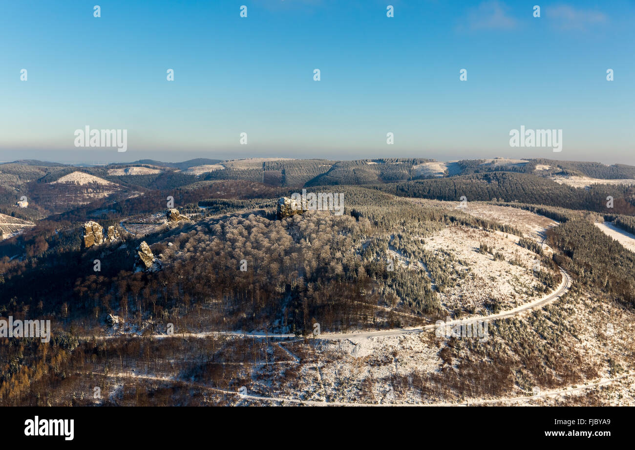 Bruchhauser stones, porphyry rocks in winter with snow, natural monument, archaeological site, Rothaargebirge, Olsberg Stock Photo