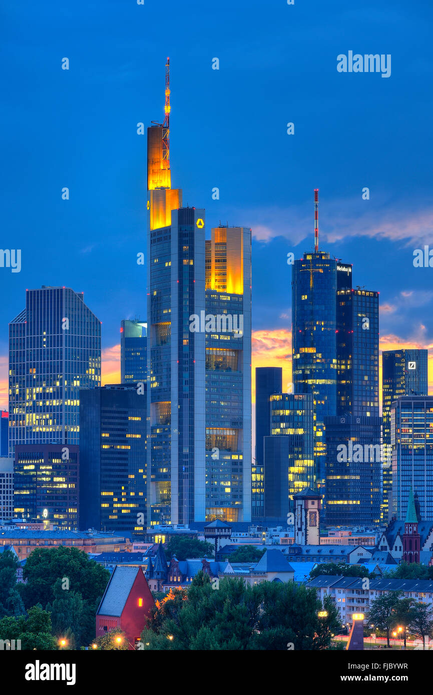Skyline, Financial District at dusk, blue hour, TaunusTurm, Tower 185, Commerzbank, Messeturm, Helaba Hessische Landesbank Stock Photo