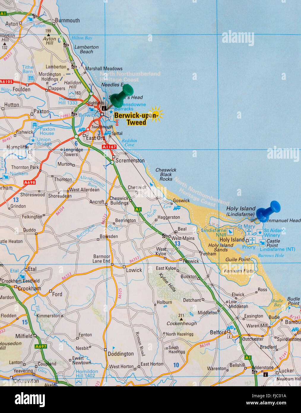 Road map of the north east coast of England,  with map pins indicating the position of Berwick-upon-Tweed and Holy Island. Stock Photo