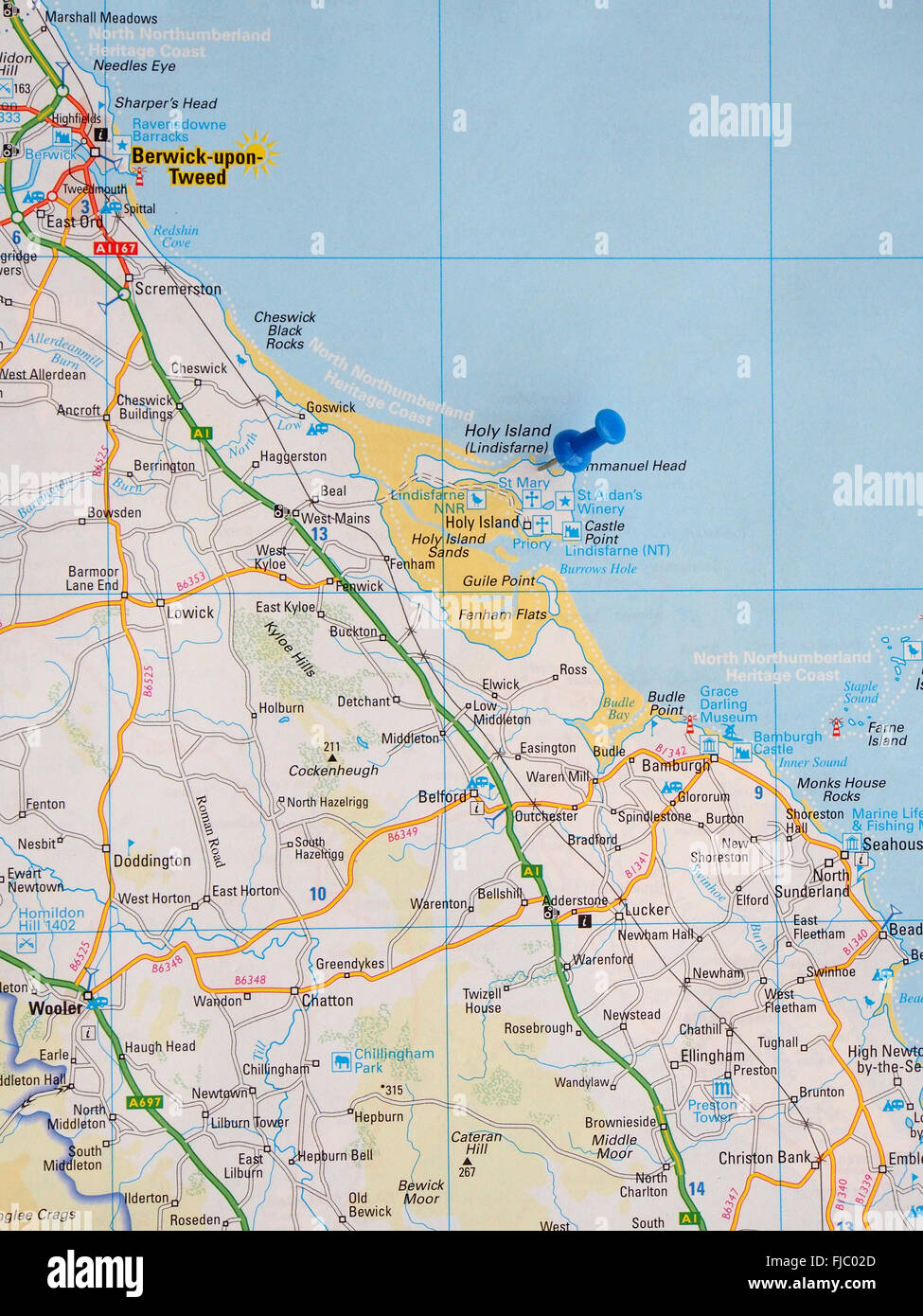 Road map of the north east coast of England, showing Berwick-upon-Tweed ...