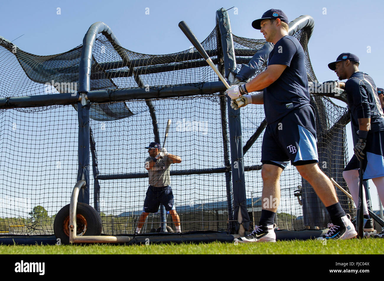 Port Charlotte, Florida, USA. 1st Mar, 2016. WILL VRAGOVIC | Times.Tampa Bay Rays left fielder Corey Dickerson (10) warms up while center fielder Kevin Kiermaier (39) takes cut in the batting cage during Rays Spring Training at Charlotte Sports Park in Port Charlotte, Fla. on Tuesday, March 1, 2016. © Will Vragovic/Tampa Bay Times/ZUMA Wire/Alamy Live News Stock Photo