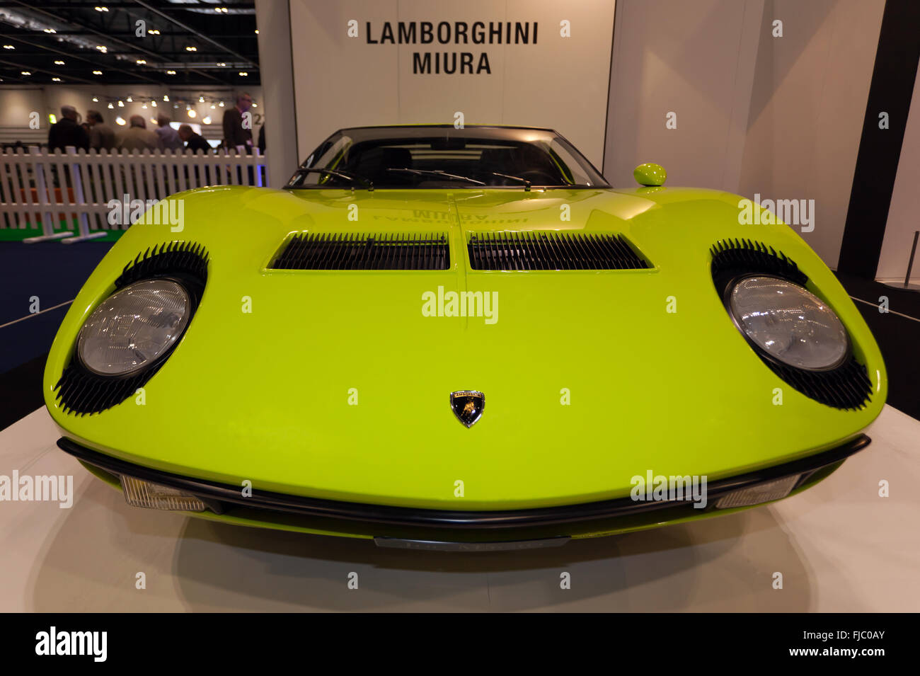 Front view of a Lamborghini Miura P400, in the 'Evolution of the Supercar' section of the 2016 London Classic Car Show. Stock Photo