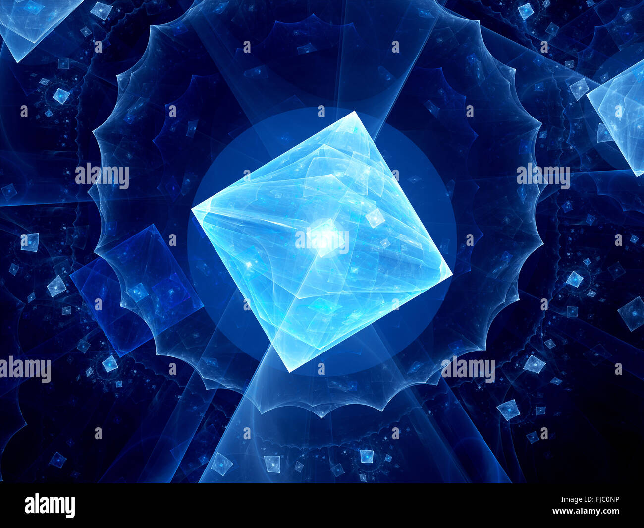 Glowing blue square shape virus, computer generated abstract background ...