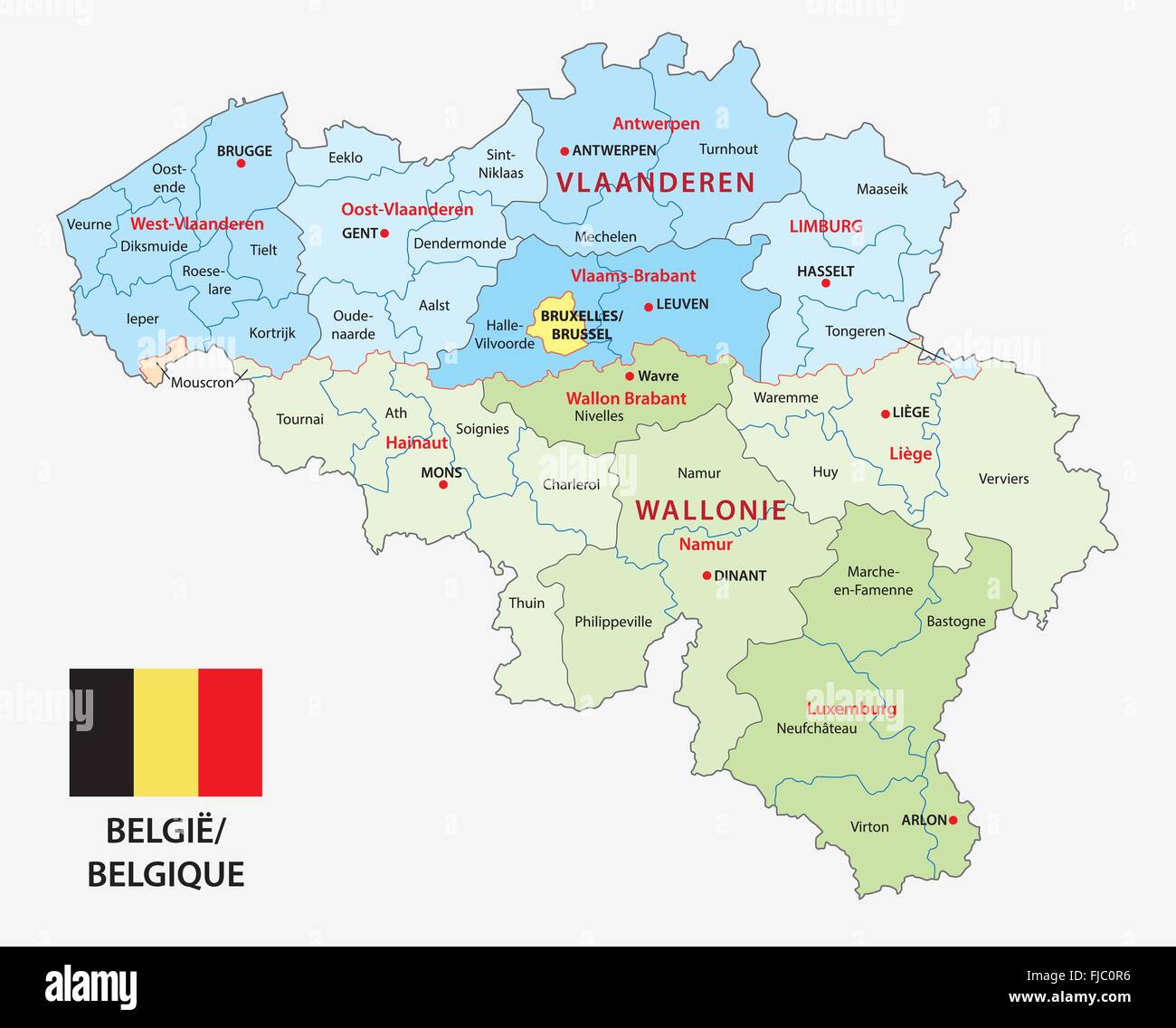 belgium administrative map with flag Stock Vector