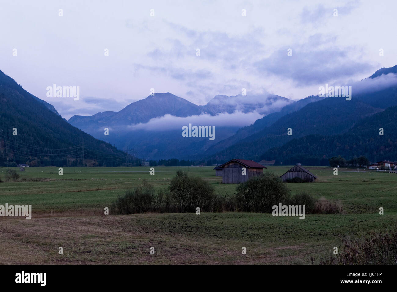 Tal Nähe Zugspitze im Mondlicht, Tirol, Österreich | valley near Zugspitze, moon light, Tirol, Austria Stock Photo