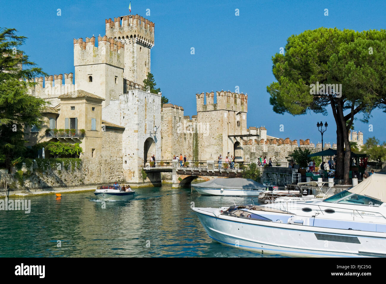port and Castello Scaligero, Sirmione, Lake Garda, Lombardy, Italy Stock Photo