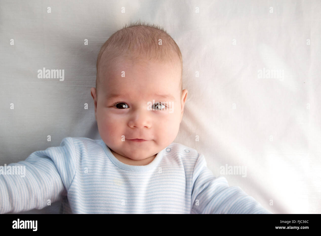 three month old baby wrapped in blue blanket Stock Photo Alamy