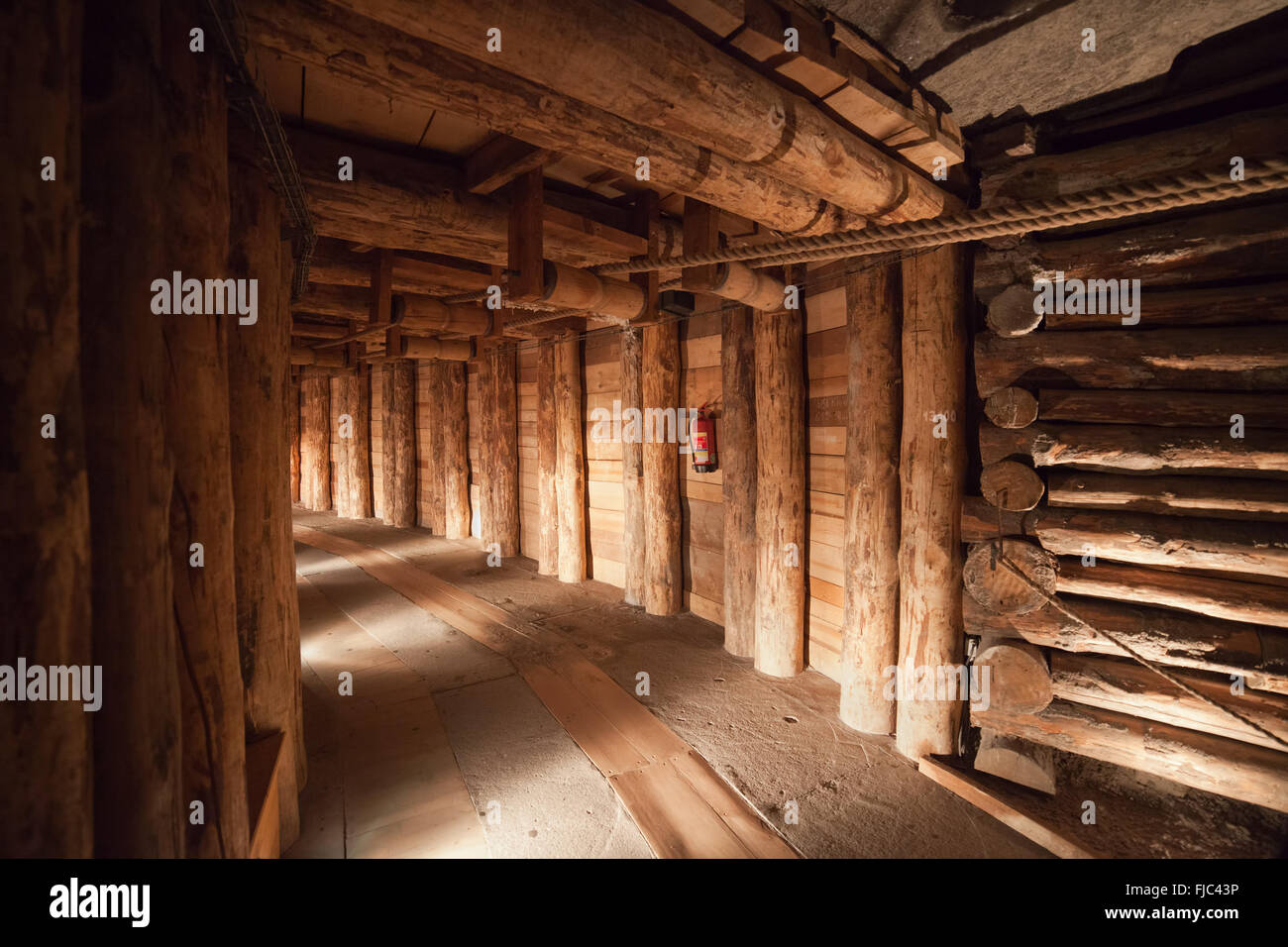 Poland, Wieliczka Salt Mine, underground corridor with wooden support Stock Photo