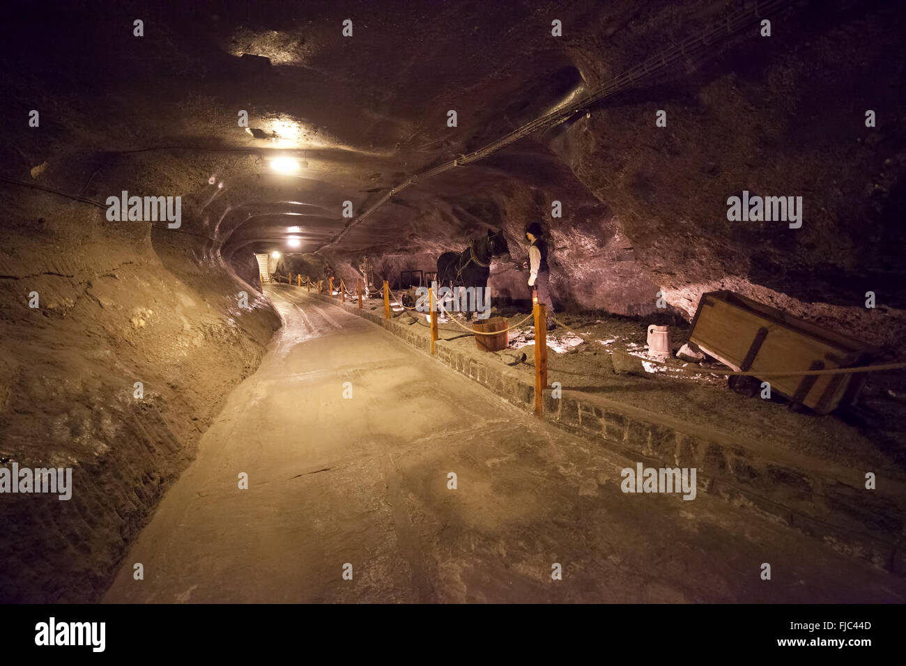 Europe, Poland, Wieliczka Salt Mine, Sielec Chamber, miners at work transporting salt exhibition Stock Photo