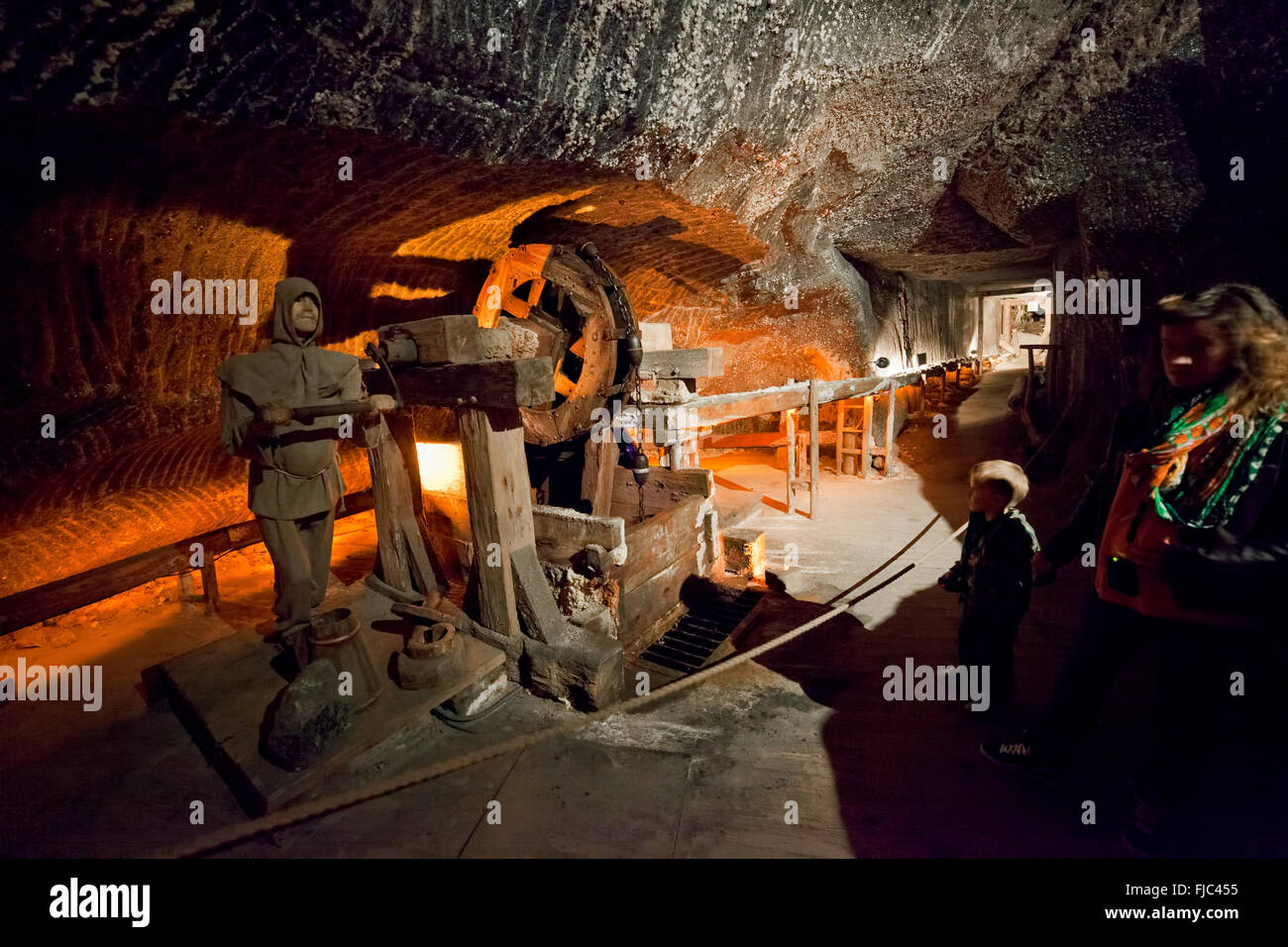 Europe, Poland, Wieliczka Salt Mine, miner at windlass display, UNESCO World Heritage Site Stock Photo