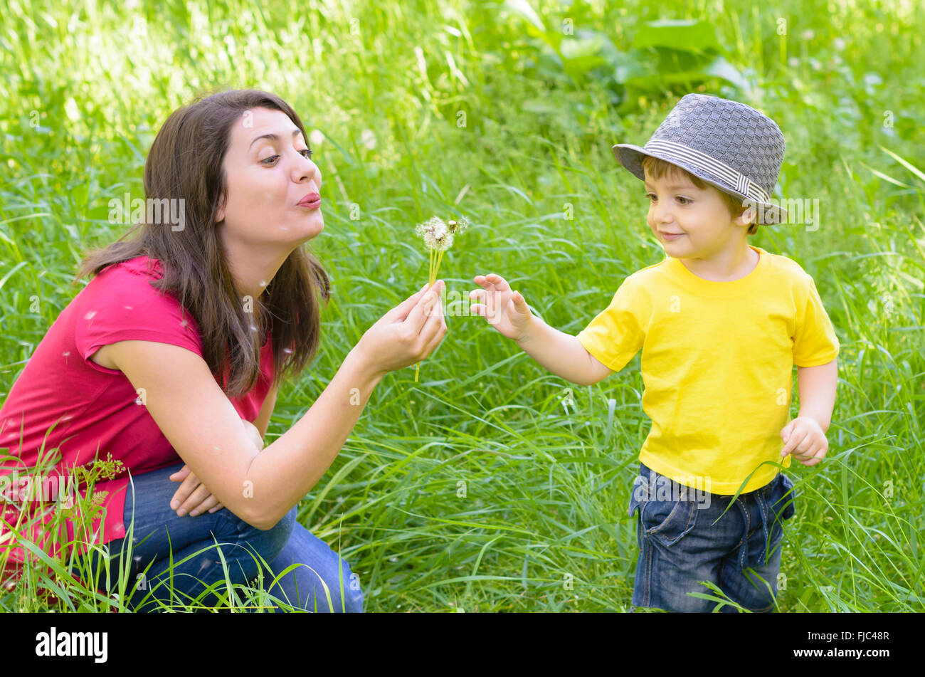 Beautiful young mother playing with her son in grass with dandelions ...