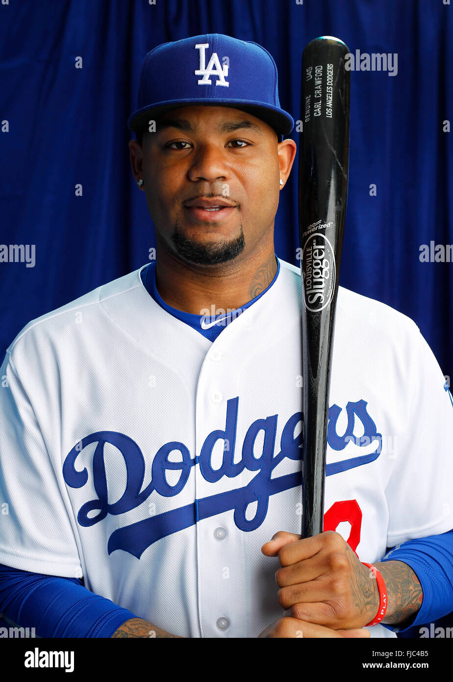 Glendale, AZ, USA. 27th Feb, 2016. GLENDALE, AZ -FEB 27, 2015 - | Los Angeles Dodgers outfielder Carl Crawford. | Photographed during photo day at the Dodgers' Camelback Ranch-Glendale spring training facility. (K.C. Alfred/ San Diego Union-Tribune © K.C. Alfred/U-T San Diego/ZUMA Wire/Alamy Live News Stock Photo