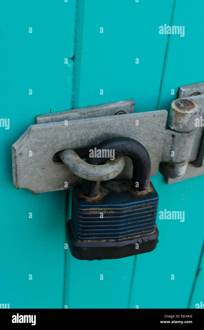Closeup detail of padlock and hasp Stock Photo
