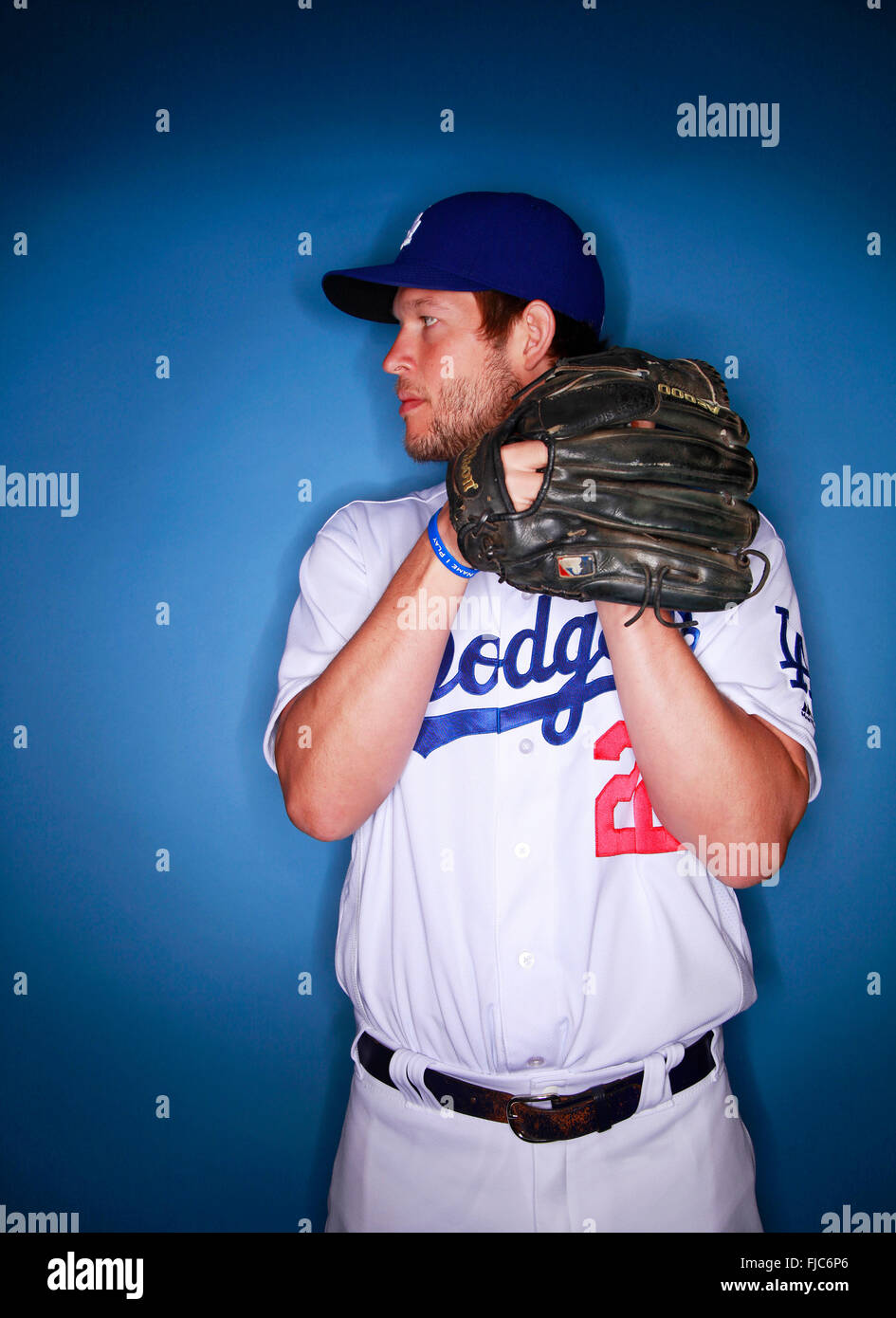 February 27, 2016 - Glendale, AZ, USA - GLENDALE, AZ -FEB 27, 2015 - | Los Angeles Dodgers pitcher Clayton Kershaw. |  Photographed during photo day at the Dodgers' Camelback Ranch-Glendale spring training facility.  (K.C. Alfred/ San Diego Union-Tribune (Credit Image: © K.C. Alfred/U-T San Diego via ZUMA Wire) Stock Photo