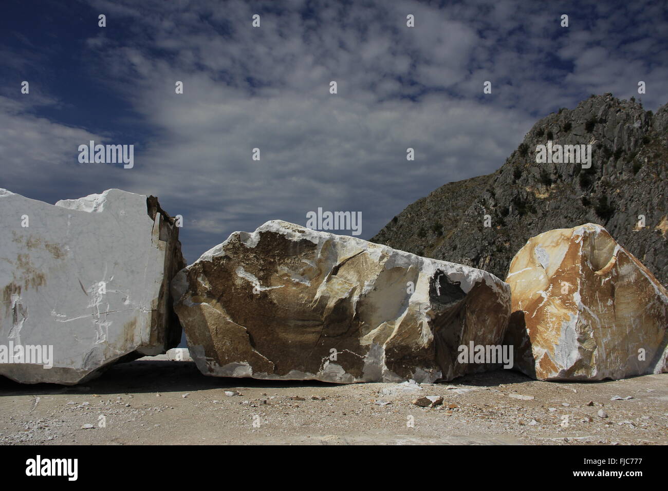 Cuboid marble blocks at marble quarry, Carrara Stock Photo
