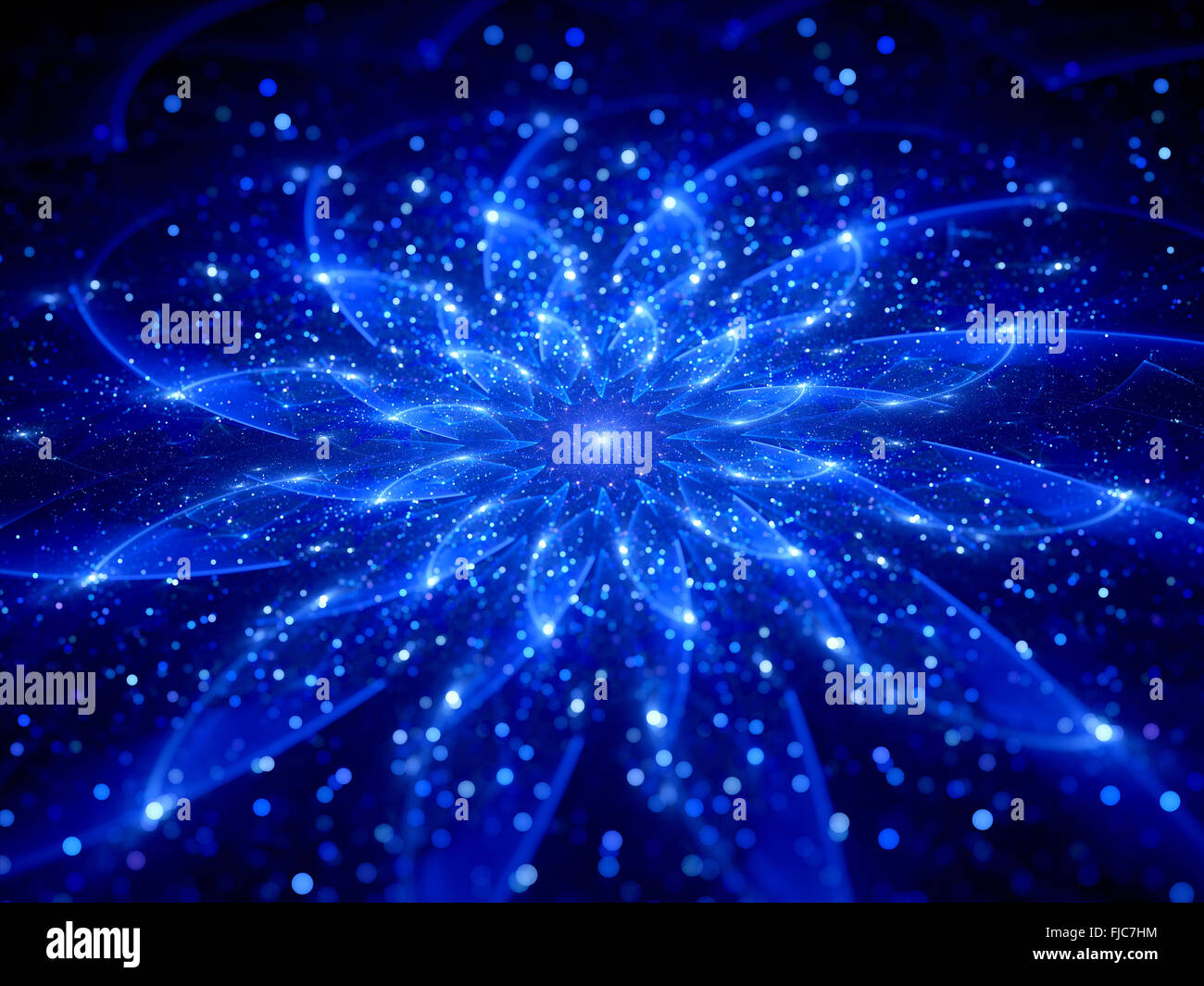 Blue glowing flower in space, computer generated abstract background Stock Photo