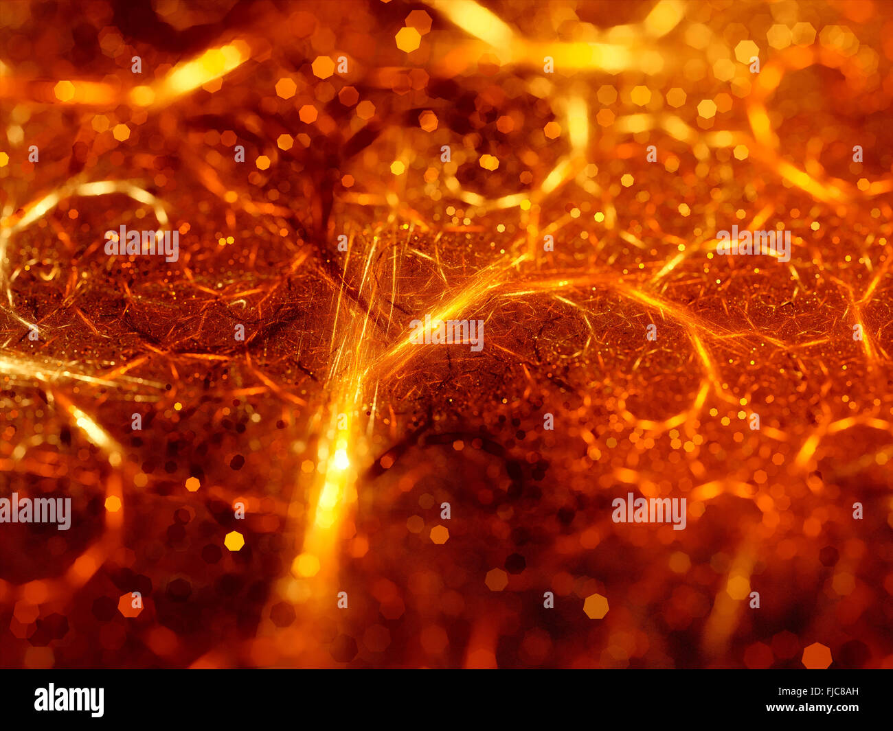 Glowing fiery connections with depth of field, computer generated abstract background Stock Photo