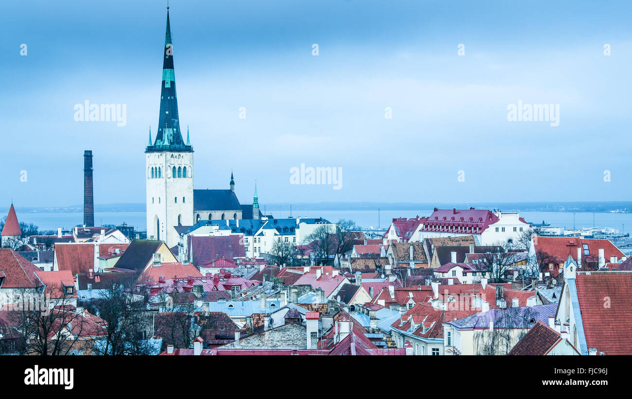 View of the roofs and spiers of old churches of Tallinn Stock Photo