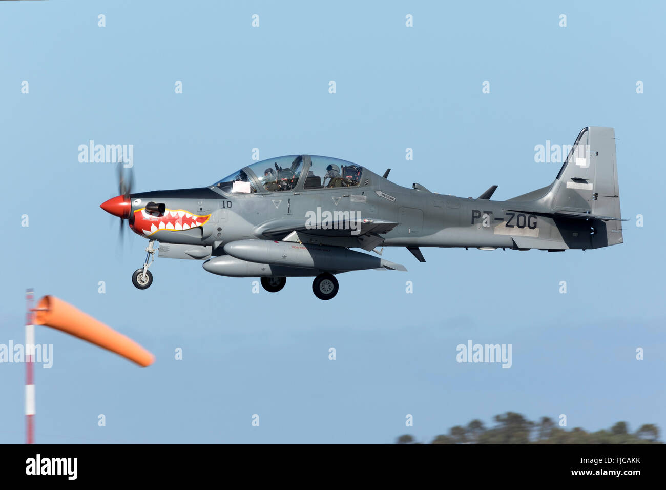 Indonesian Air Force Embraer EMB-314 Super Tucano landing in Malta on a technical stop, on ferry flight all the way from Brazil Stock Photo