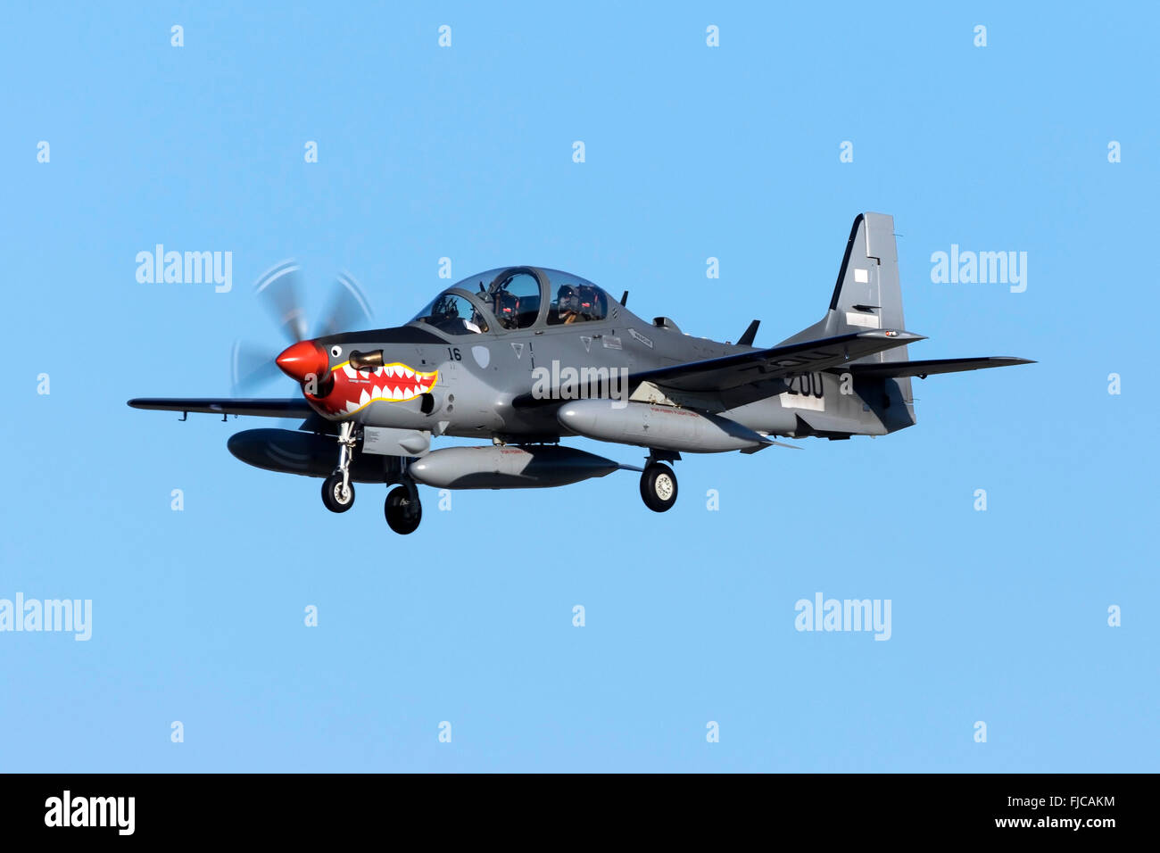 Indonesian Air Force Embraer EMB-314 Super Tucano landing in Malta on a technical stop, on ferry flight all the way from Brazil Stock Photo